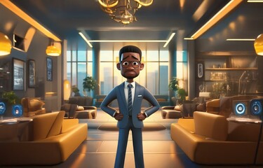 A 3D animated man in a suit and glasses stands in a modern lounge with large windows and soft lighting.