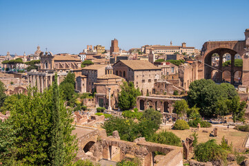 Looking down from  the Domus Tiberiana on the Palatine Hill towards the Basilica of Maxentius in the Roman Forums.