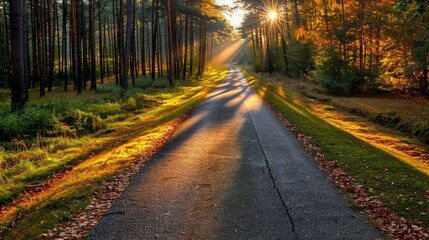 Fototapeta premium Sunlight Illuminating a Path Through Autumnal Forest