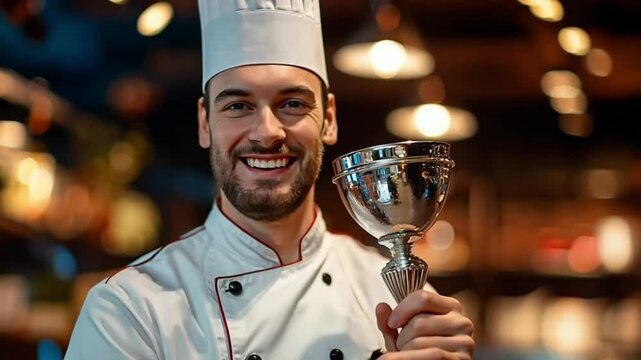 Concept of excellence in cuisine. Award-winning chef proudly holding trophy in celebration of culinary achievement. Professional chef smiling with trophy for excellence in cooking competition.