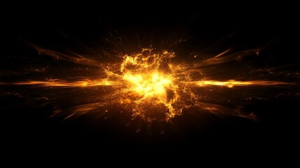 Vibrant Celestial Burst, a striking display of yellow and golden light radiating against a deep black backdrop, featuring luminous sunbursts and enhanced light rays.