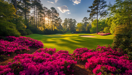 The golf course at the Masters in Augusta, Georgia, is the opposite of dull, with pink azaleas and lush green grass 