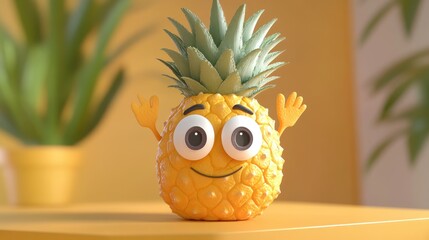 A cute 3D cartoon pineapple with oversized eyes and a playful expression, with its spiky top waving like hair, perfect for tropical-themed content