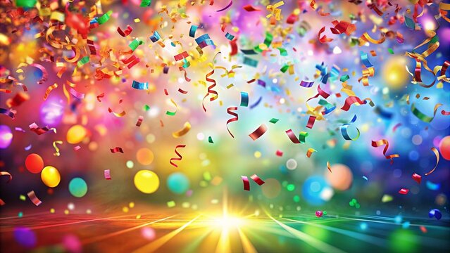 A festive celebration with iridescent confetti falling on a luminous stage, signifying a momentous occasion filled with joy and exhilaration.