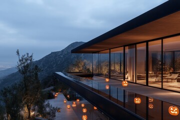 Fototapeta premium A modern, angular house rests on a scenic mountainside, bathed in the soft glow of hovering jack-o'-lanterns, creating a playful and artistic scene.