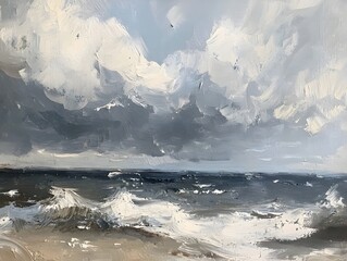 Obraz premium Dramatic Stormy Seascape Oil Painting with Crashing Waves and Moody Sky