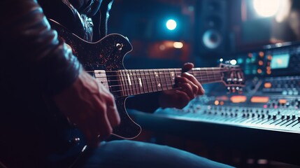Obraz premium Electric guitar musician in a vibrant studio, immersed in creativity, surrounded by sound equipment, passionately crafting music, embodying artistic expression and dedication