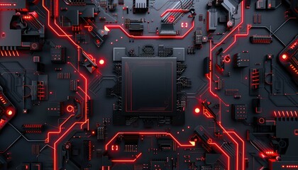 Fototapeta premium Abstract 3D Render of a Futuristic Circuit Board with Glowing Red Lines