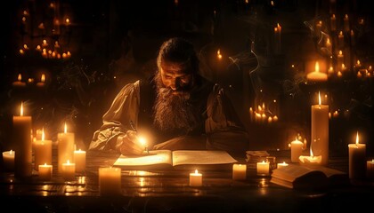 A scholar in a candlelit room engrossed in writing in an ancient book, surrounded by numerous burning candles emitting a soft, warm glow.