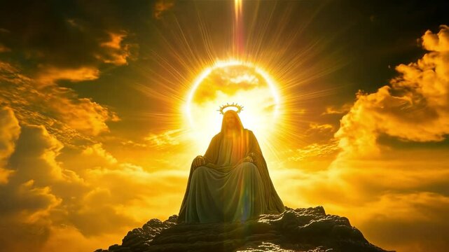 Jesus Christ seated on majestic throne bathed in ethereal divine light. Glorious vision of Christ on heavenly throne with radiant halo and clouds. Catholic religious video.