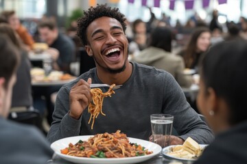 Man laughing with friends over a large plate of spaghetti in a bustling cafe atmosphere, symbolizing the warmth and diversity of shared meals.