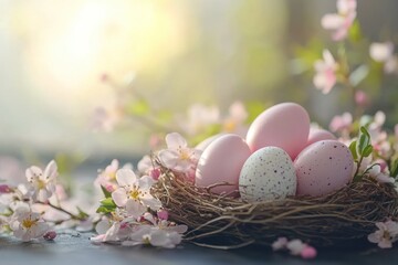 Fototapeta premium Soft Pastel Easter Eggs in a Nest with Spring Flowers