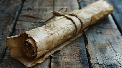Weathered parchment paper rolled and tied with a leather string
