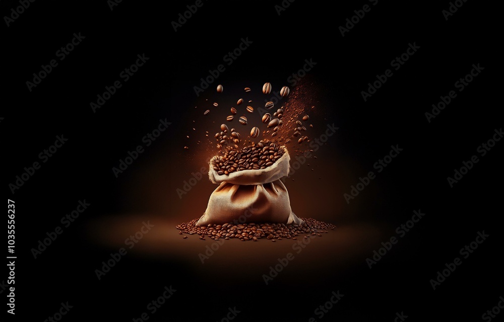 Poster a burlap sack overflowing with coffee beans against a dark backdrop. some beans are flying out of th