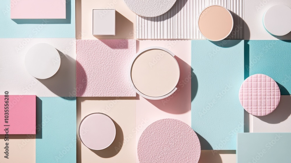 Poster geometric abstract background with pastel shapes. various circles and squares create a modern, color