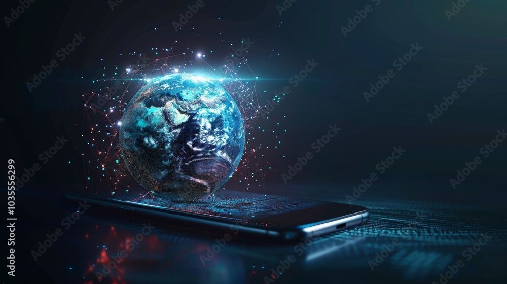 Poster high speed communications with world wide web from anywhere in world via phone mobile internet. holo