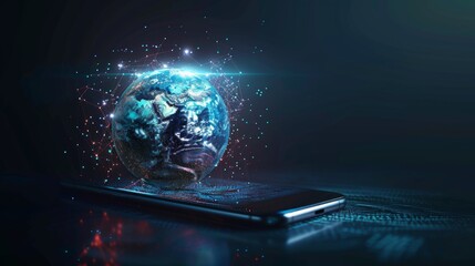 High speed communications with world wide web from anywhere in world via phone mobile internet. Hologram earth consists light dots. Abstract virtual hud elements over screen modern glass smartphone