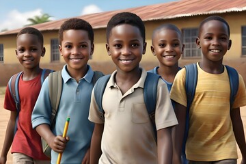 joyful african kids walk to school.