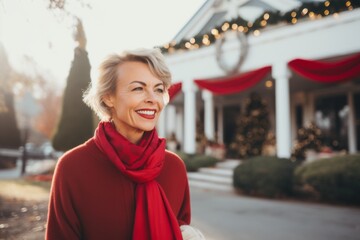 Fototapeta premium Portrait of a elderly Caucasian woman smiling in front of nursing home during Christmas