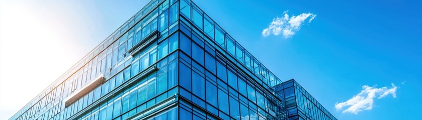 Fototapeta premium Modern glass office building against clear blue sky with fluffy clouds, showcasing contemporary architectural design and urban business setting.