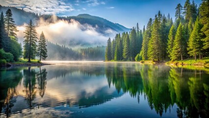 Fototapeta premium A serene mountain lake surrounded by tall trees and a misty morning atmosphere, scenery, tranquility, morning