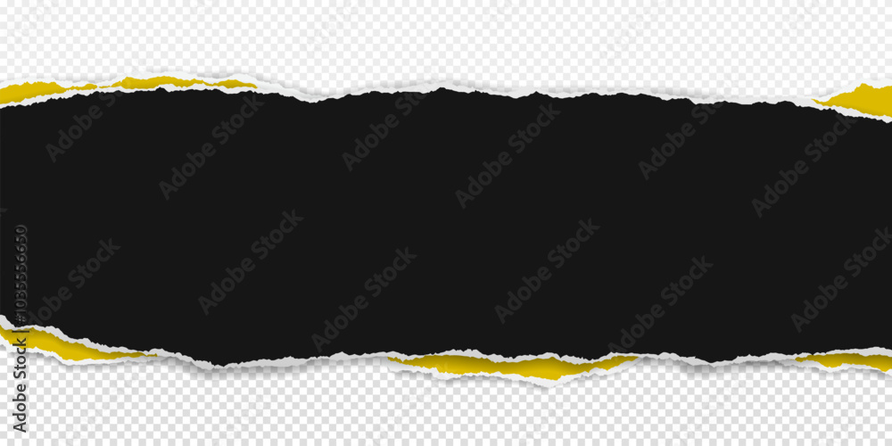Poster black, yellow piece of paper with torn edges and soft shadow are on transparent background for text 