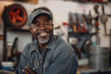 Fototapeta premium Portrait of a smiling middle aged African American car mechanic