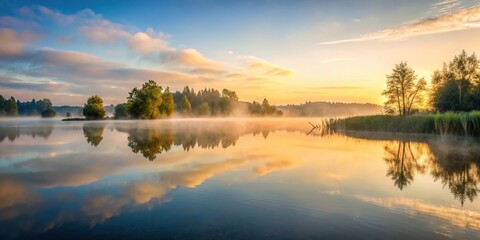 Obraz premium A serene lake at dawn with mist rising from the water surface, reflection, serene atmosphere, serene lake