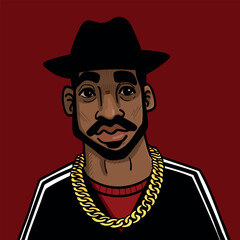 Vector drawing of a hip-hop rapper with a hat and gold chain in front of a red background. Perfect for urban art, music, fashion, album covers and streetwear designs. Retro style with vibrant colors f