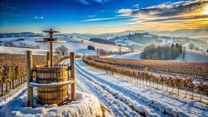 A Rustic Wooden Press Stands Guard Over a Snow-Covered Vineyard Road, Leading to a Misty Distant Hillside Under a Sky Filled with Sunshine and Clouds
