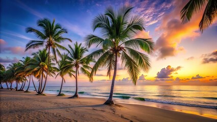 A serene beach scene with palm trees swaying in the breeze at dawn, palm tree, sky, sunrise