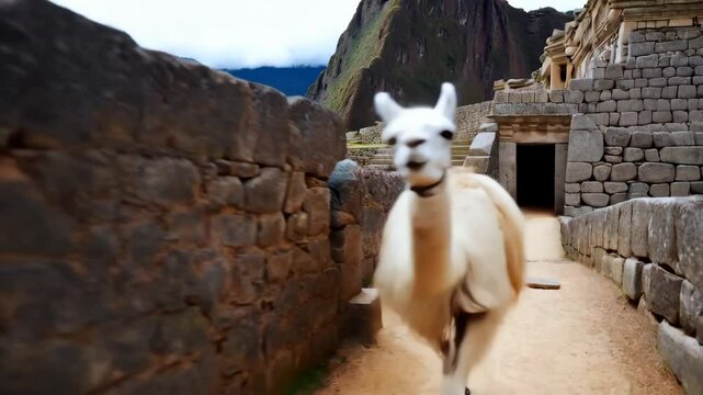 A llama running through the narrow streets of Machu Picchu