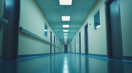Empty hospital corridor and office layout, no people