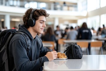 A teenage boy in a school cafeteria, wearing headphones and a backpack, sits at a table enjoying his meal while surrounded by fellow students in the background.