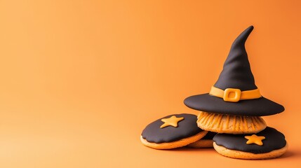 Fototapeta premium Halloween-themed cookies featuring a witch's hat and star decorations on an orange background.