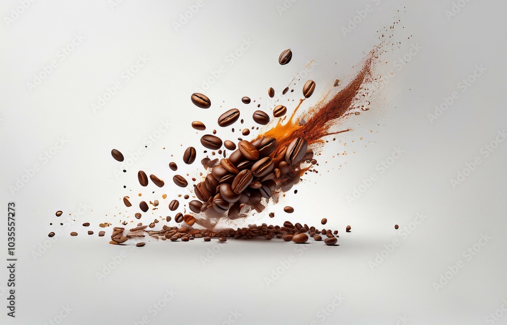 Poster coffee beans and grounds explode in a burst of brown and orange, creating a cloud against a simple w