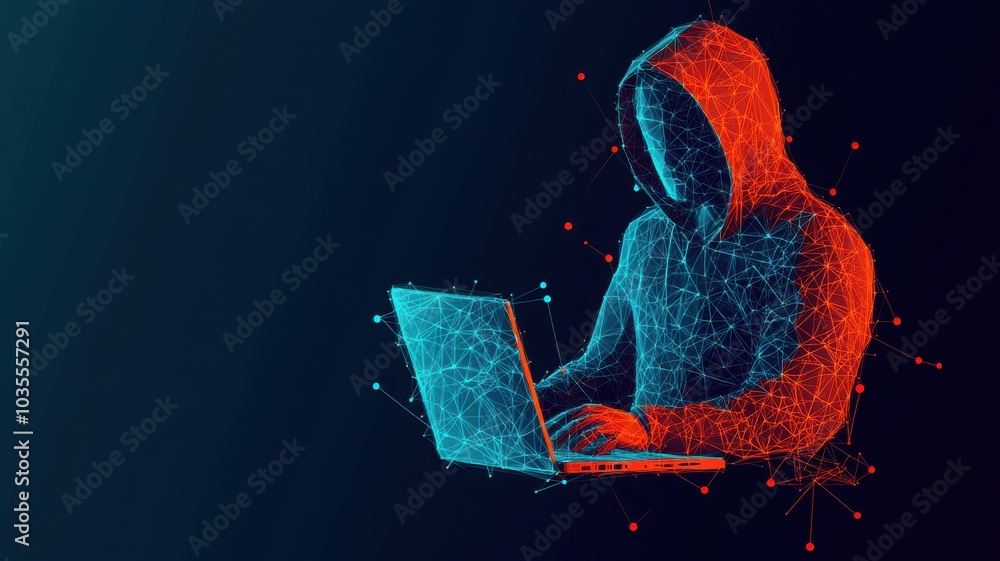Poster a digital hacker in a hoodie working on a laptop, surrounded by glowing data points, representing cy
