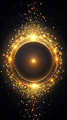 Luxury black and gold glittering background with gold round frame and gold dust. Sparkling festive background. Vertical