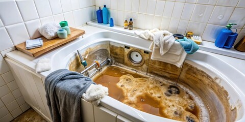A neglected bathtub with dirty water, soap scum, and towels, a stark reminder of forgotten chores and the need for a good cleaning.