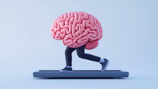 A creative representation of a brain jogging on a treadmill, symbolizing mental exercise and health.
