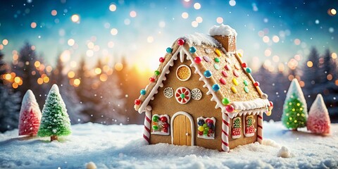 A gingerbread house adorned with colorful candies and frosting, nestled amidst a snowy winter scene, sparkles with festive lights.
