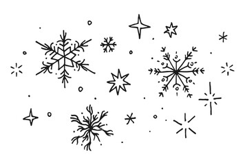 Hand drawn snowflakes, dots and stars. Doodle pen drawing sketch for winter design, posters, Christmas, New Year, greeting cards. Vector isolated © Olena