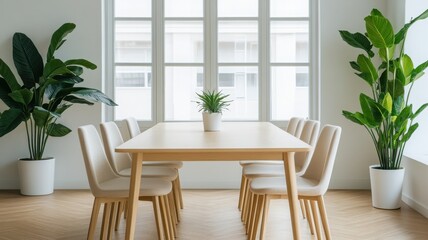 A modern conference room featuring a wooden table, white chairs, and lush green plants, creating a fresh and vibrant atmosphere.