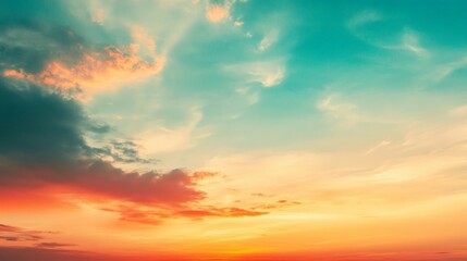 Fototapeta premium Ethereal Summer Sunset Sky, a vibrant panorama showcasing a dreamy gradient of blue, orange, and yellow hues, creating an uplifting and peaceful atmosphere.