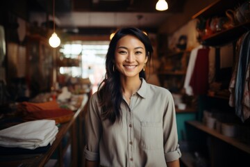 Portrait of a smiling Asian woman owner of second hand shop