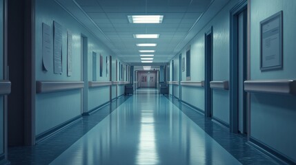 Obraz premium Empty hospital departments with office rooms and corridors, no people