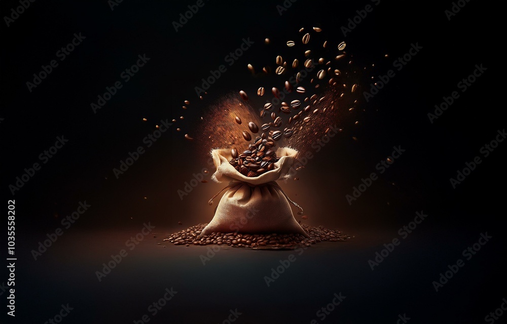 Poster a burlap sack overflowing with roasted coffee beans, with beans exploding out and scattering across 