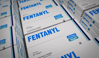 Fentanyl opioid painkiller tablets pack 3d illustration