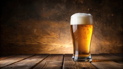 A frothy beer glass filled with a rich golden liquid on a wooden table, pub, glassware