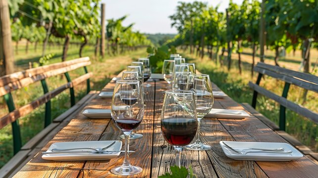 Wine tasting table set in a vineyard with different glasses of wine